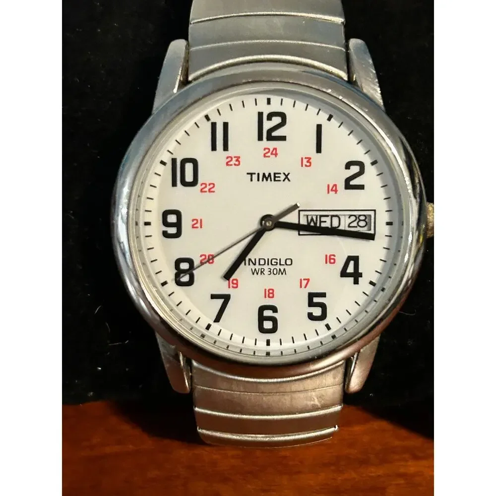 Timex Easy Reader Watch Silver Tone Expansion Band Military 24-Hour White Dial